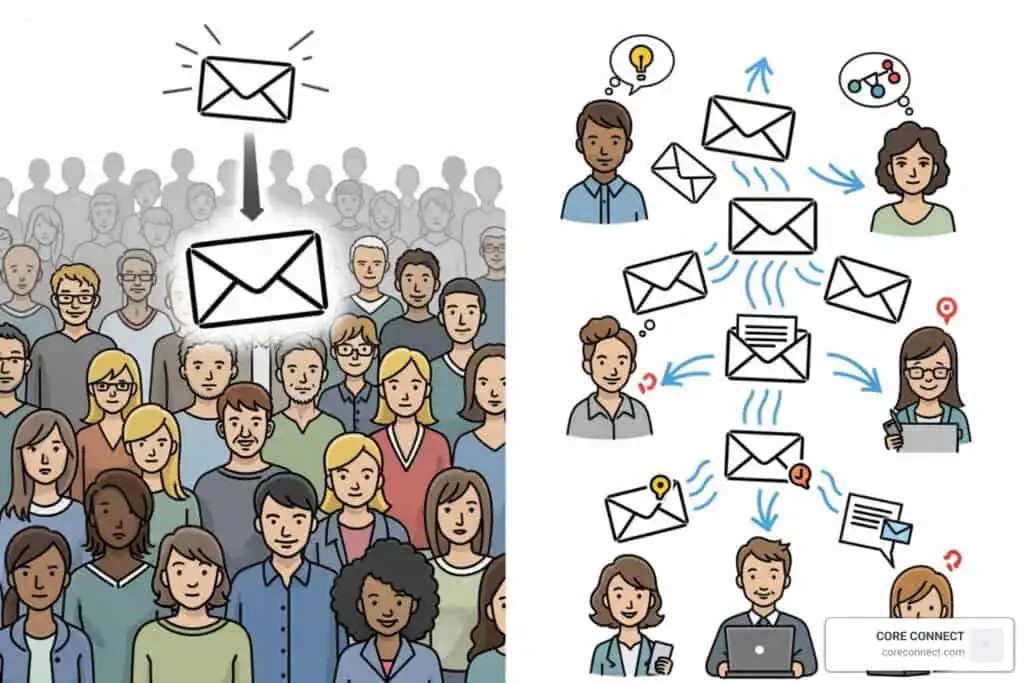 Diverse group of people engaging in email communication and networking.