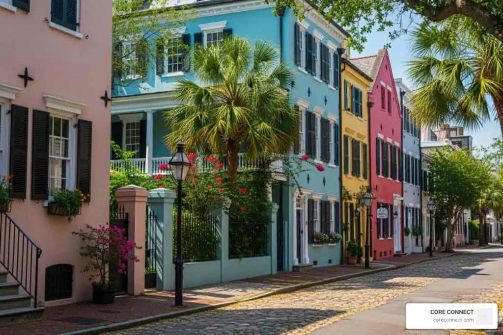 Style houses with lush greenery and cobblestone street in a charming neighborhood.