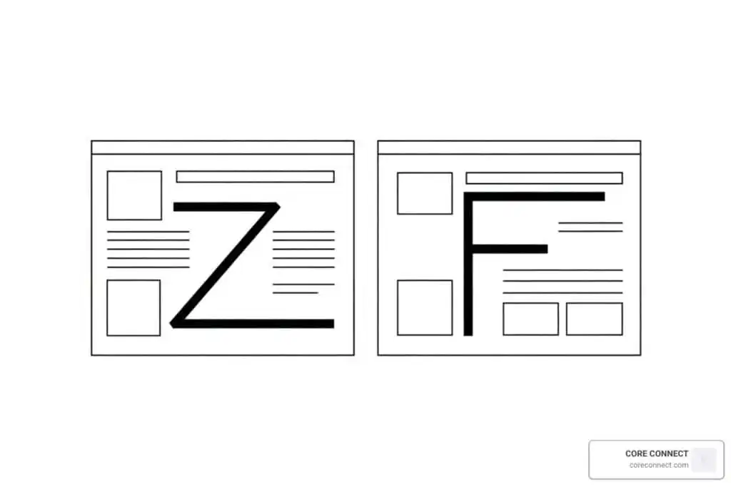 Website layout with "Z" and "F" letter-based page designs for CORE CONNECT.
