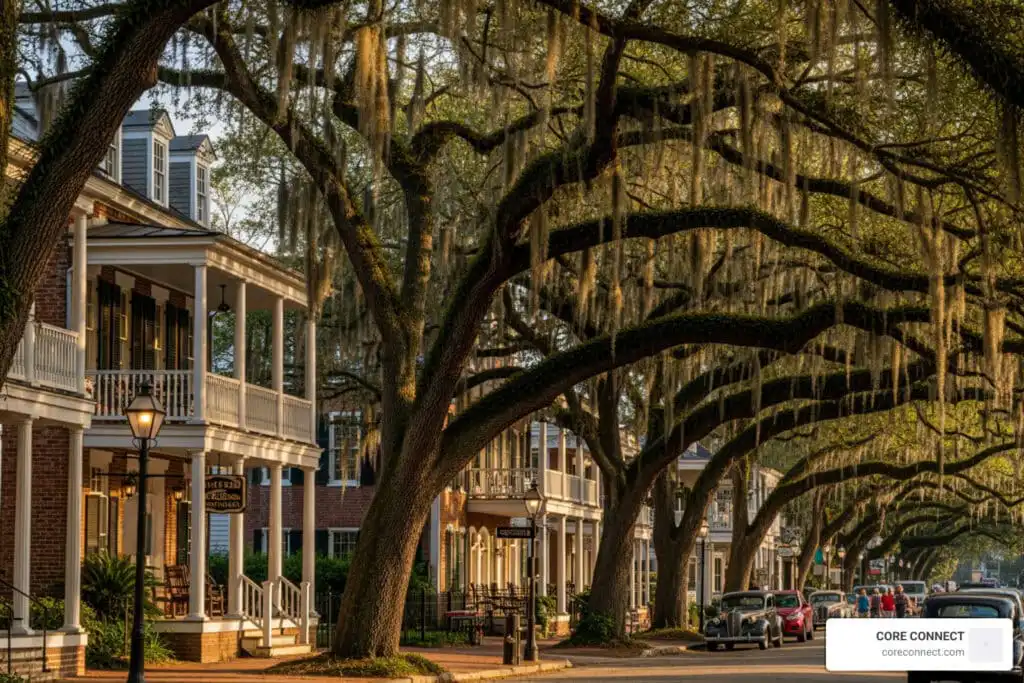 Oak trees lining a residential street with historic houses and porches.