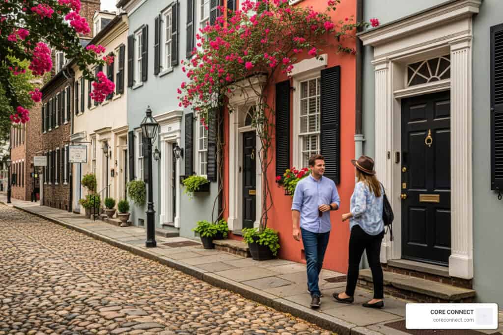 Brightly colored townhouses with blooming flowers on a cobblestone street, showcasing vibrant commun.
