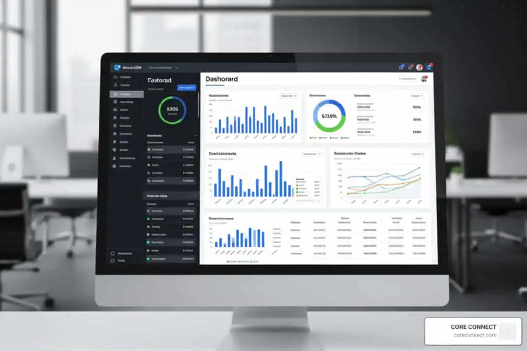 Business analytics dashboard showing data charts and metrics for core connect platform.