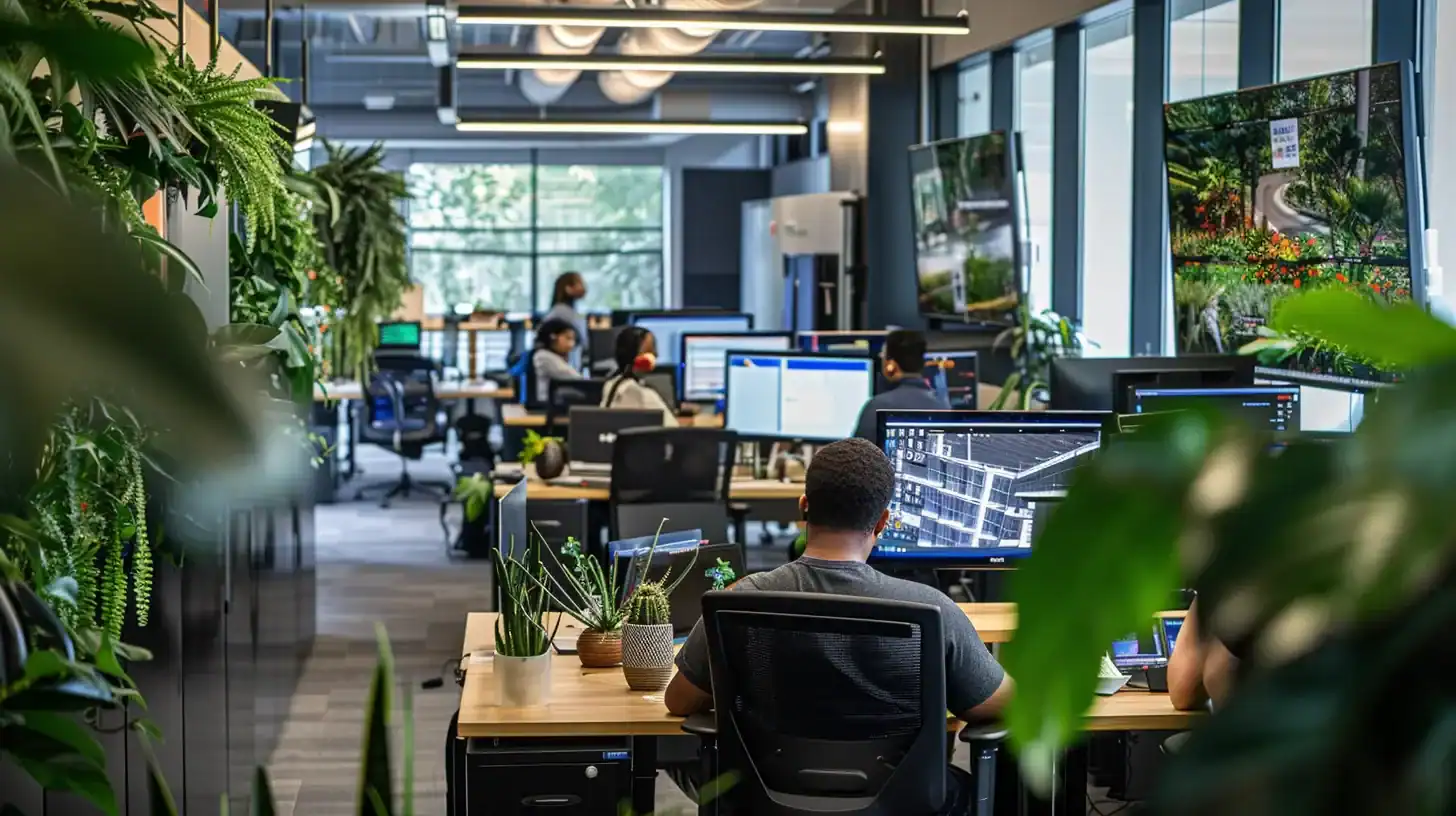 a bustling modern office in charleston showcases a diverse team collaborating around sleek laptops and vibrant digital displays, emphasizing their expertise in tailored wordpress development services.