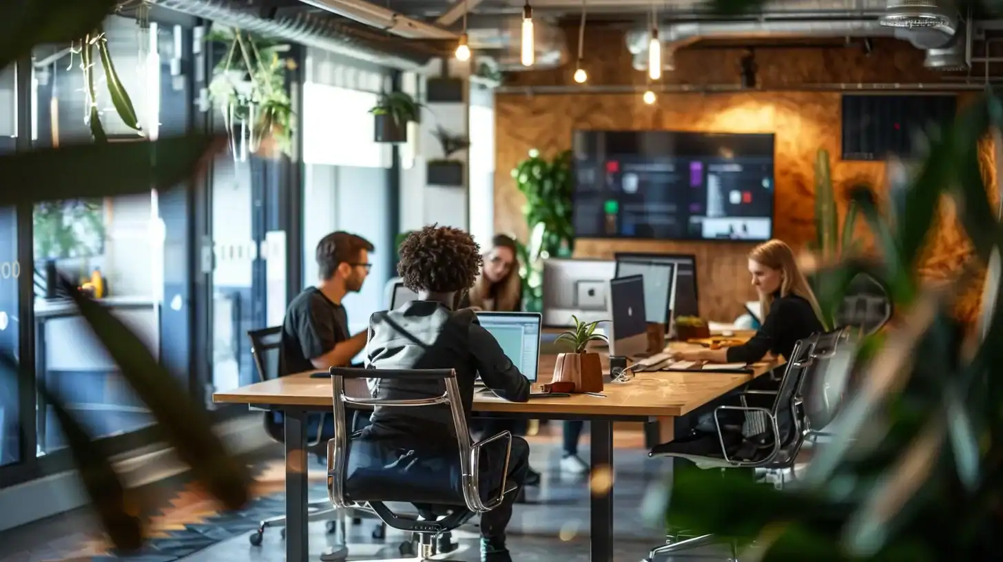 a dynamic office setting features a focused team of local wordpress developers collaborating around a sleek conference table, surrounded by digital displays showcasing tailored web designs that highlight the advantages of personalized service and understanding of local market demands.