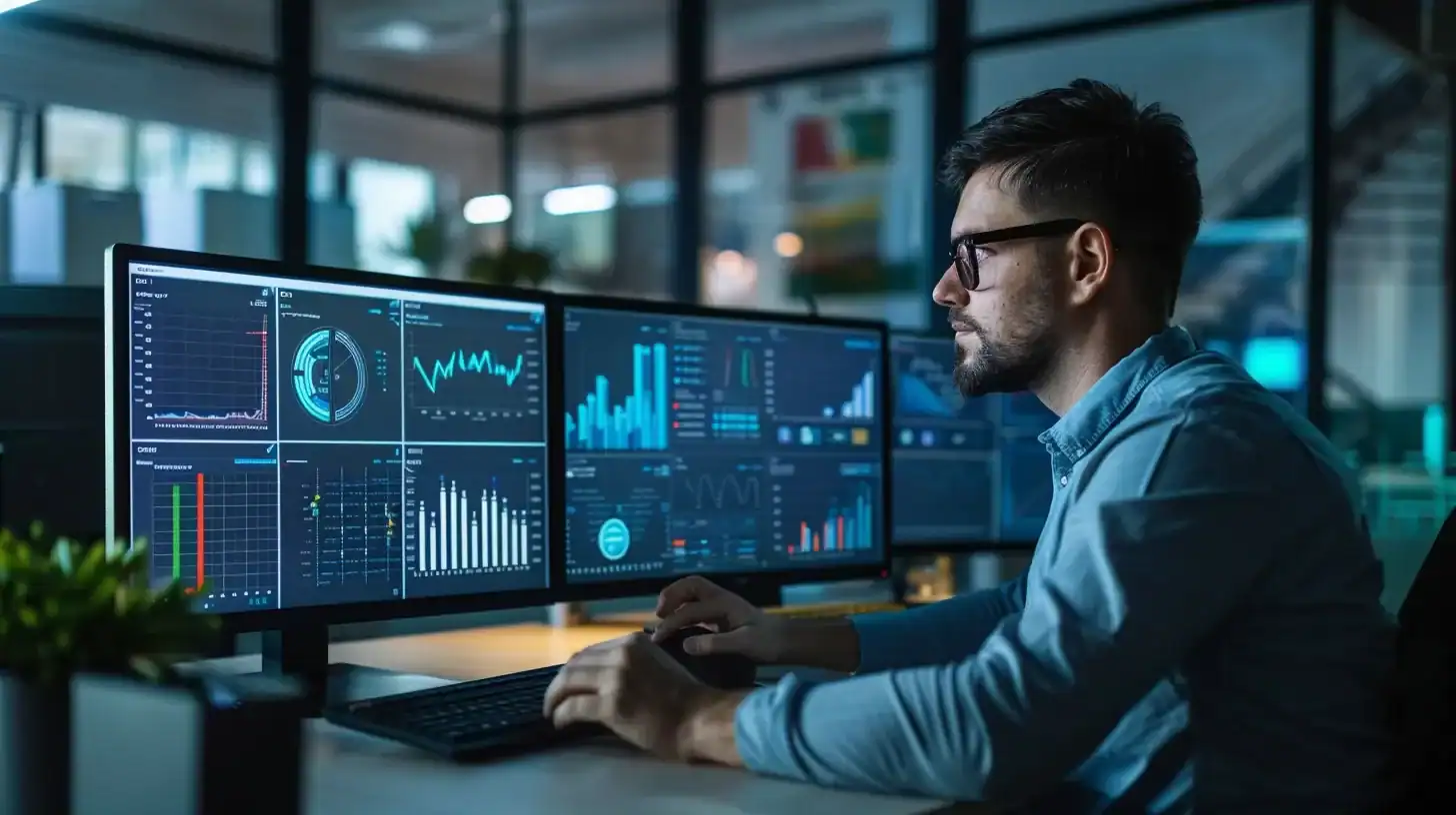 a focused it professional analyzes a dynamic digital dashboard displaying website performance metrics and security alerts on multiple monitors in a sleek, modern office setting, capturing the essence of tackling wordpress development challenges.