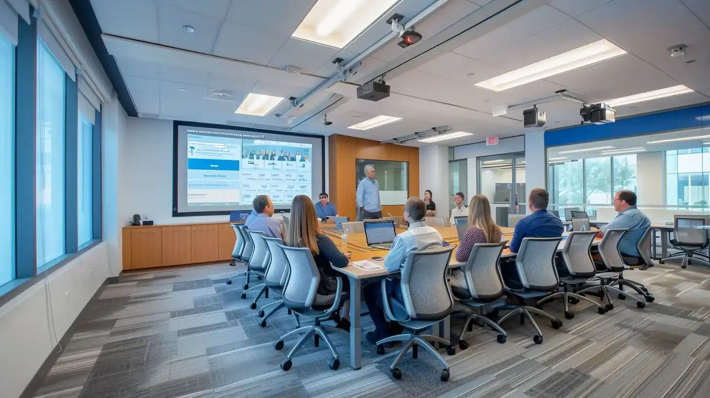 a modern office conference room bustling with local business owners engaged in a vibrant workshop on local seo strategies, illuminated by sleek overhead lighting and featuring a dynamic digital presentation showcasing trends and insights relevant to charleston's market.