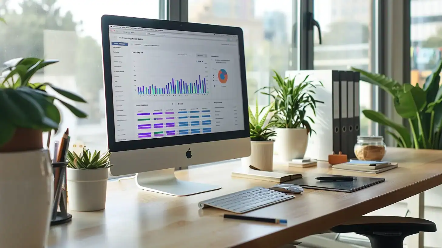 a modern office workspace in charleston, showcasing a computer screen displaying a vibrant wordpress dashboard alongside an open notebook filled with local seo strategies, capturing the essence of digital marketing and optimization in an urban business setting.