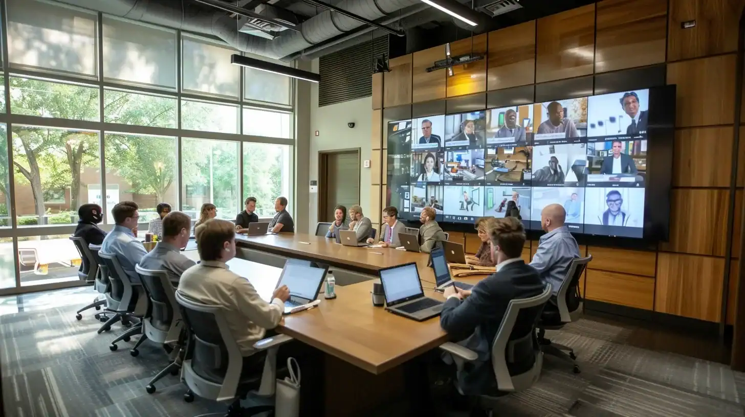 a professional office setting in charleston showcases a sleek conference room with a large screen displaying a dynamic portfolio of wordpress development projects, surrounded by engaged business professionals reviewing client testimonials and discussing digital strategies for growth.