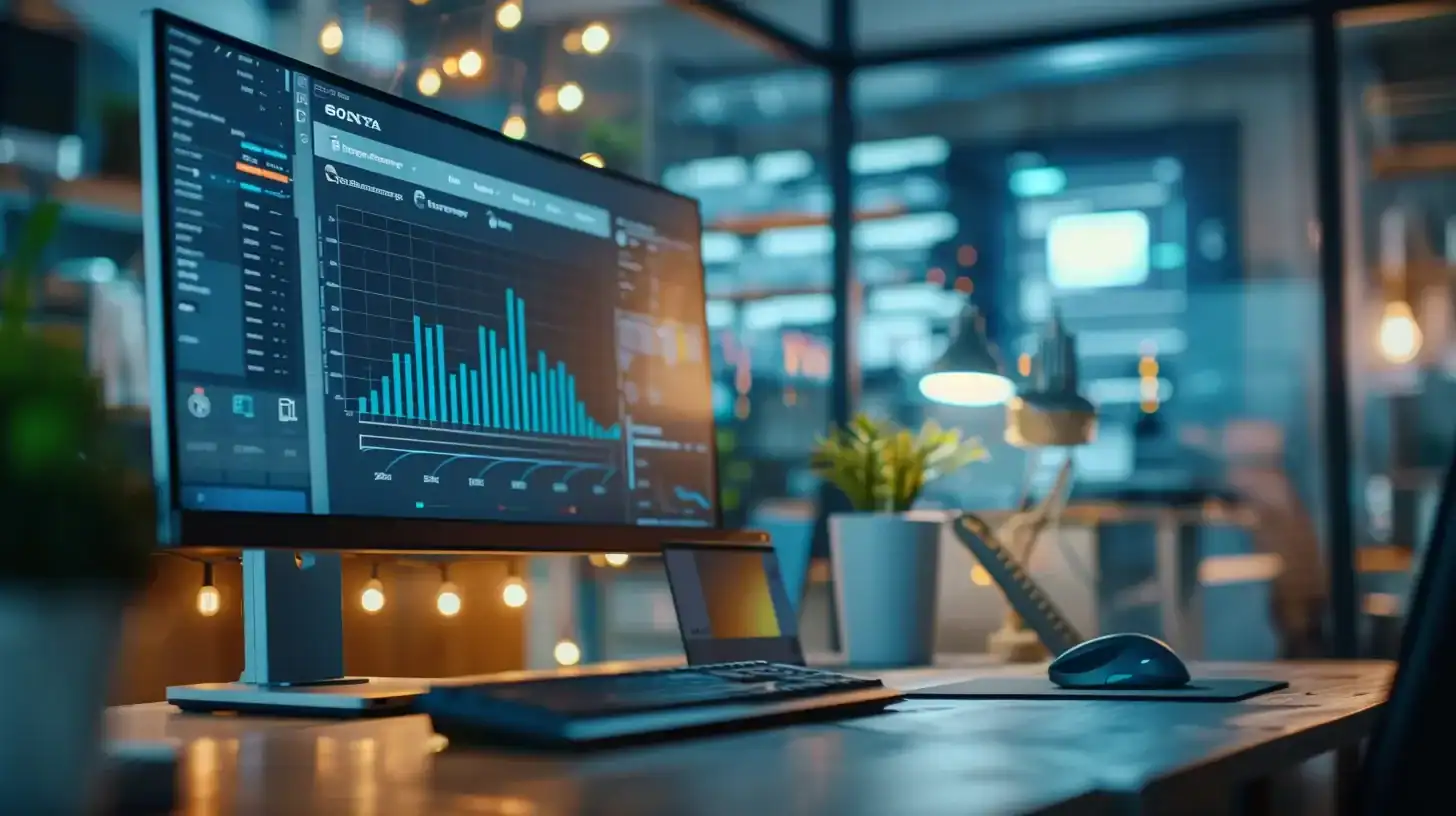 a sleek, modern office workspace in charleston, featuring a large computer screen displaying a vibrant wordpress website design, with charts indicating mobile responsiveness and page speed metrics prominently in view under bright, professional lighting.