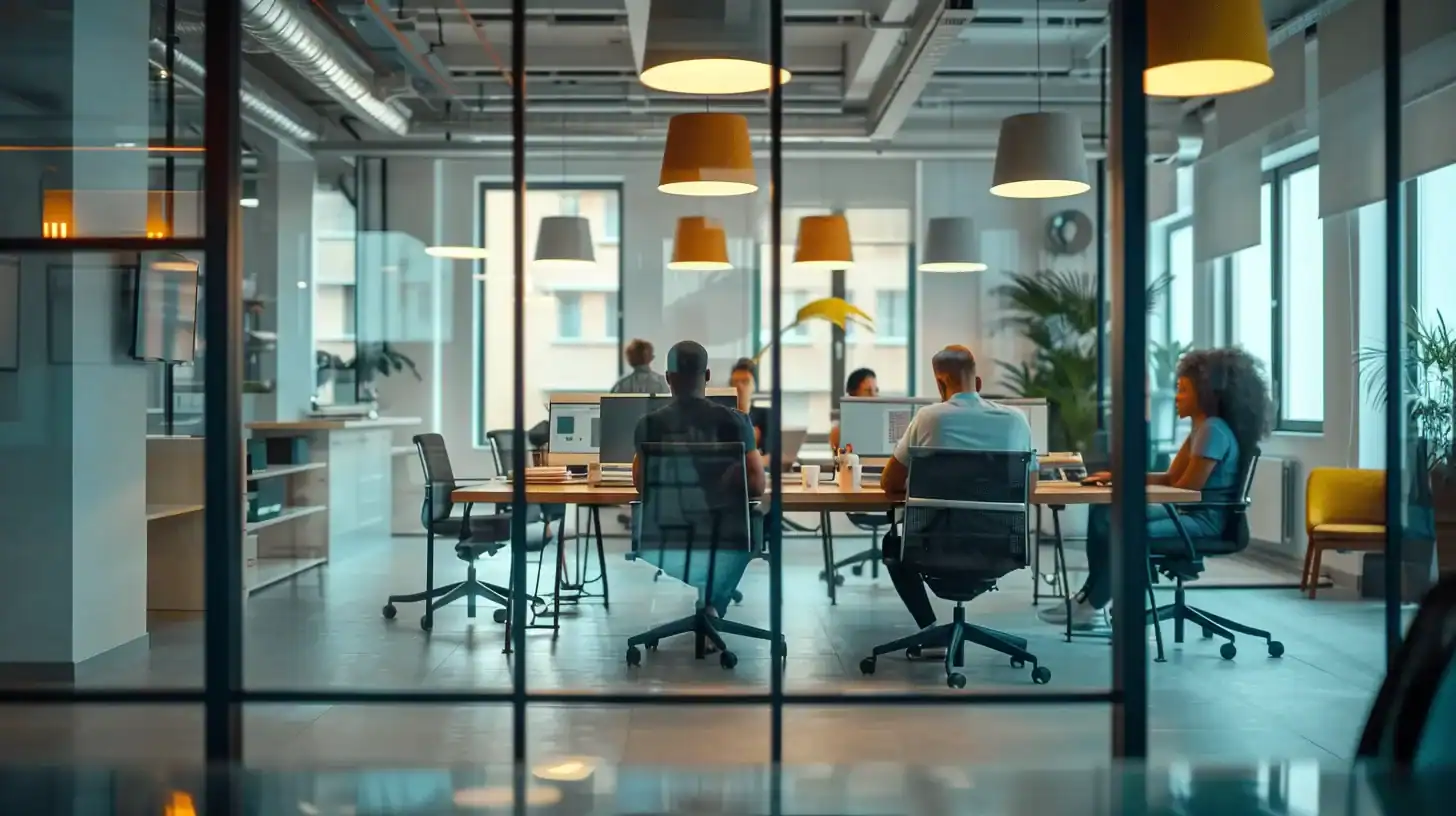 a sleek, modern office workspace showcases a diverse team collaborating around high-tech devices, illustrating the integration of ai and mobile-first design in wordpress development for enhanced user experience and accessibility.