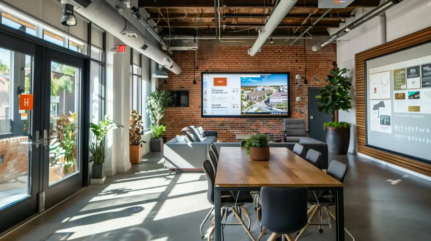 a stylish, modern office space in charleston featuring a large screen displaying a vibrant local seo strategy, surrounded by engaging wordpress website analytics and community-focused branding elements.
