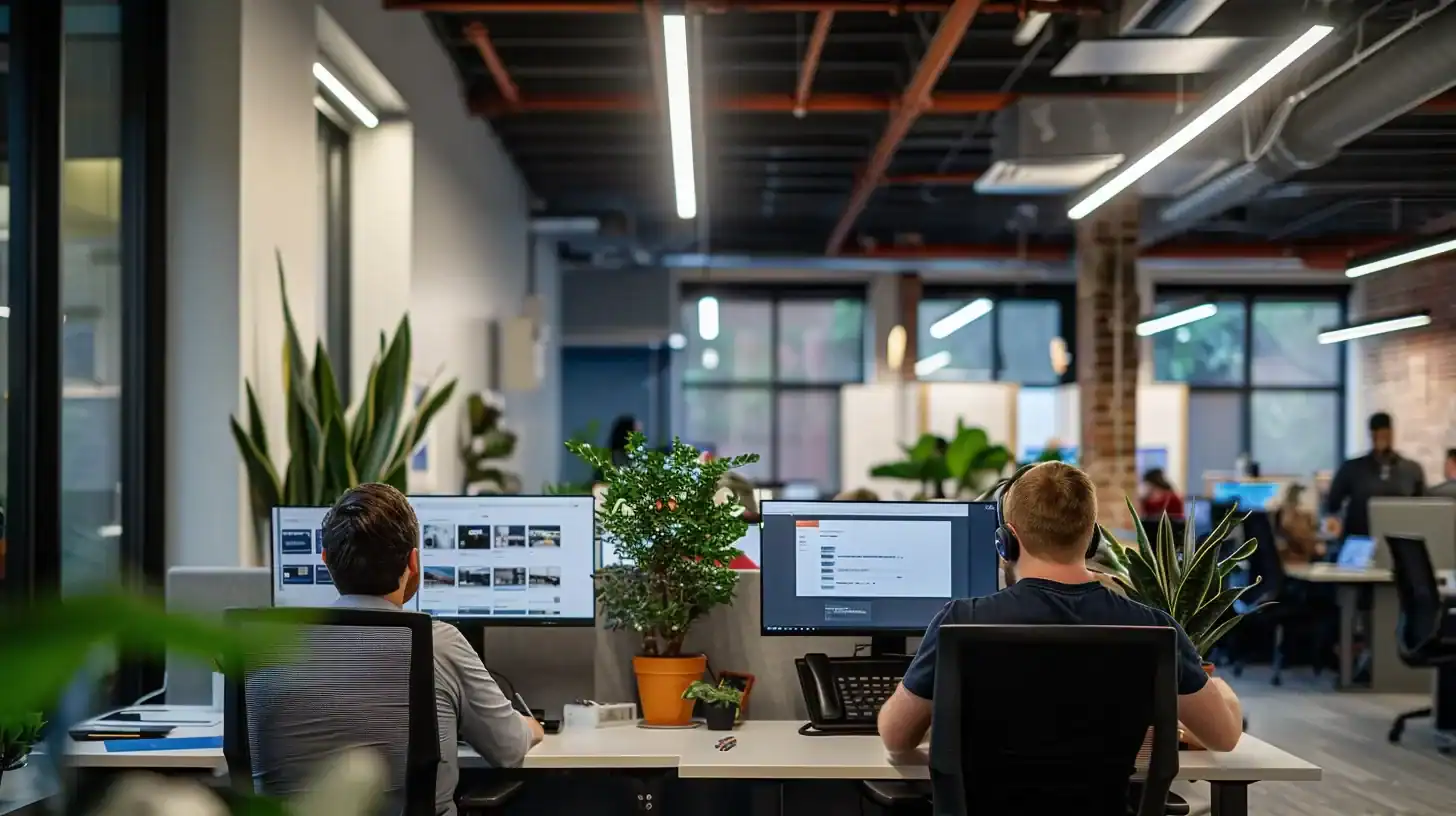 a vibrant office workspace in charleston showcases a team collaborating on a custom wordpress website design, with sleek computers displaying dynamic e-commerce solutions and innovative plugin development, all illuminated by focused task lighting that enhances the modern, tech-savvy atmosphere.