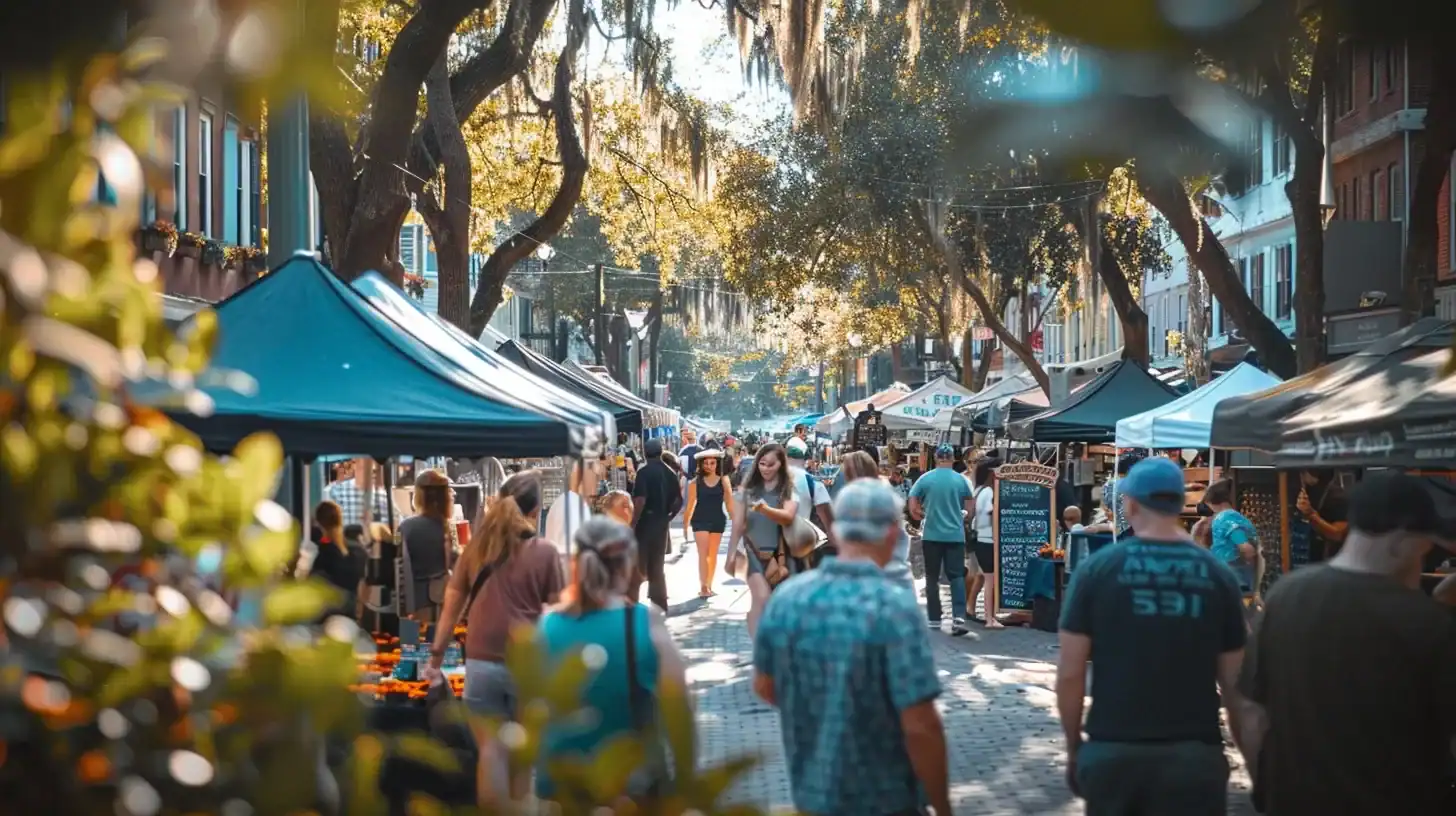 a vibrant urban street scene in charleston bustling with community members engaging in a local event, featuring branded stalls and influencers interacting with attendees, all amidst an inviting atmosphere that embodies local collaboration and connection.