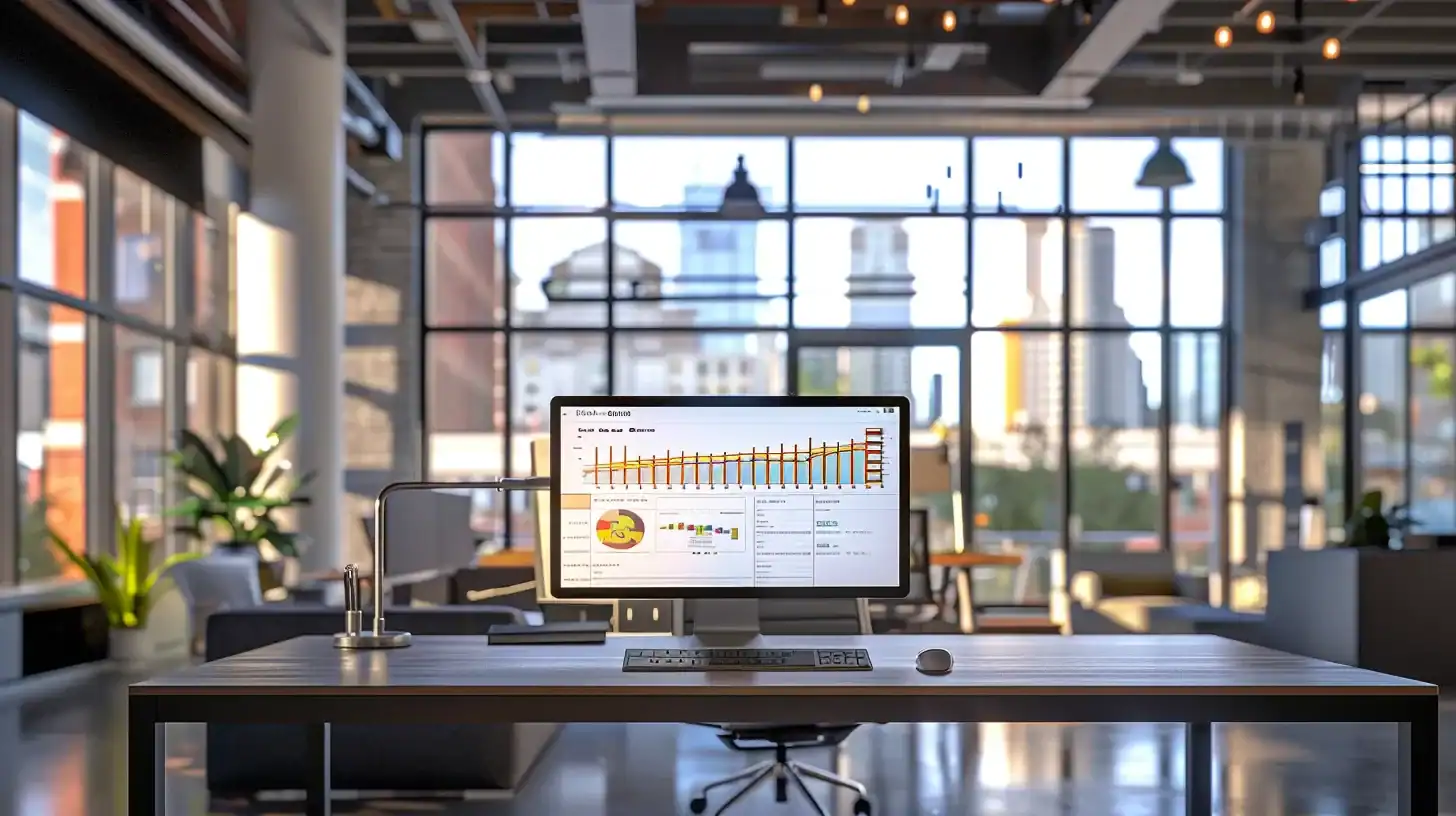 a wide-angle view of a modern office space in charleston, featuring a computer screen displaying google analytics and seo performance graphs, with a backdrop of a bustling urban skyline, symbolizing the importance of local seo performance for businesses.