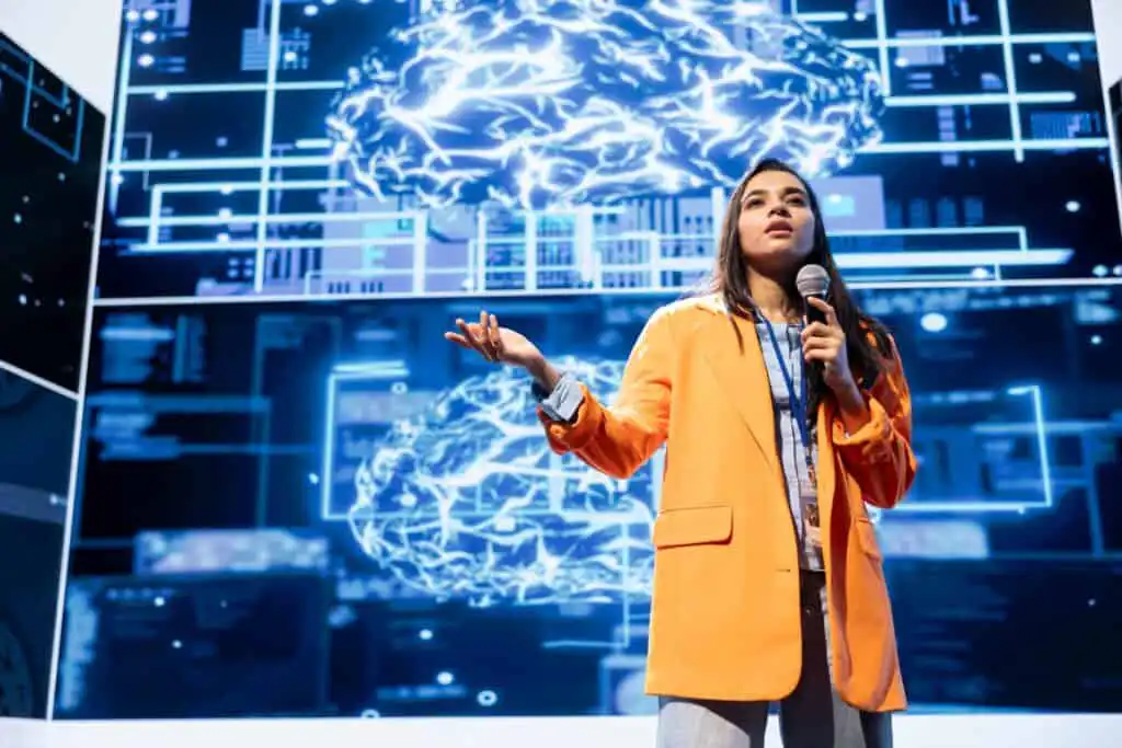 Tech company CEO presenting ethical risks and threats associated with AI