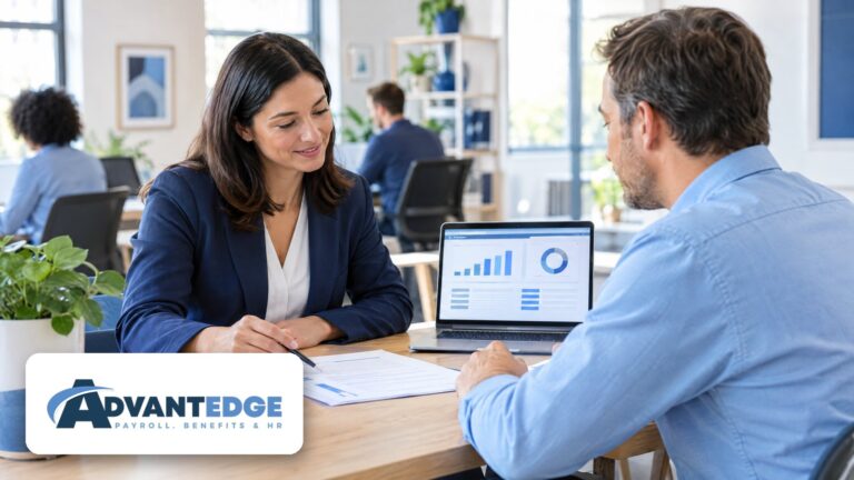 HR and payroll advisor meeting a business owner, with the AdvantEdge Payroll, Benefits & HR logo