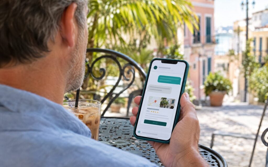Man reading an AI assistant recommendation for a local business on his phone