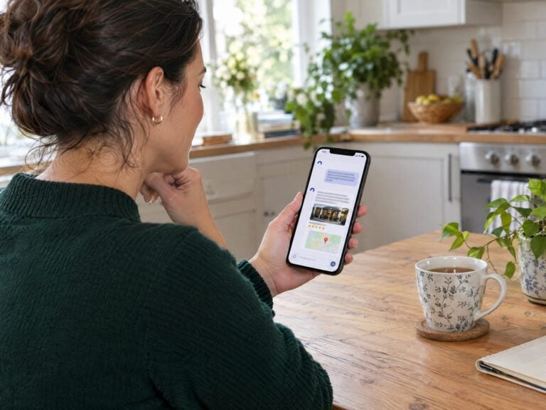Woman asking an AI assistant on her phone for a local business recommendation