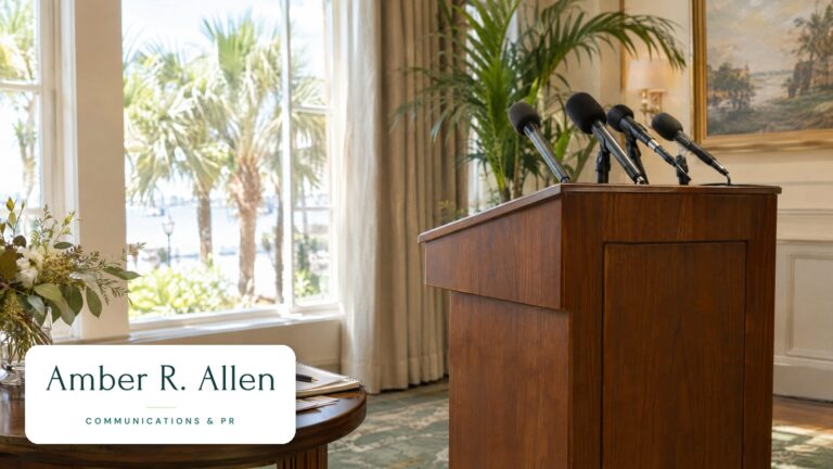 Press briefing podium with microphones and the Amber R. Allen communications wordmark