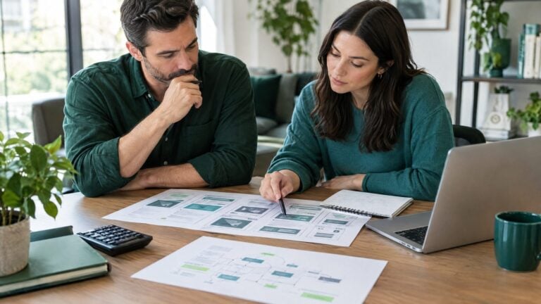 A business owner and a web designer reviewing website wireframe printouts and a project plan at a table, calculator and laptop nearby, thoughtful plan