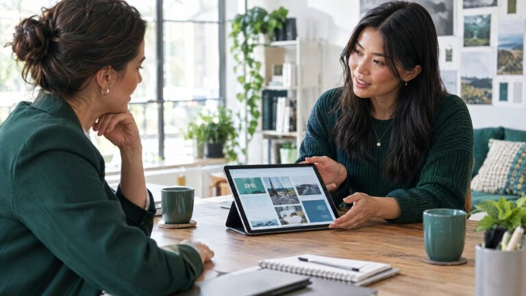 A business owner interviewing a web designer over coffee in a bright studio, a portfolio of website designs open on a tablet between them
