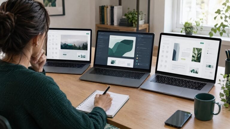 Three laptops side by side on a long desk each showing a different abstract website builder editor interface, a person comparing them with a notepad