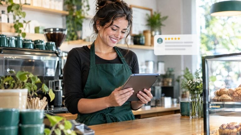 A cafu00e9 owner in a deep green apron smiling while reading five-star customer feedback on a tablet at the counter