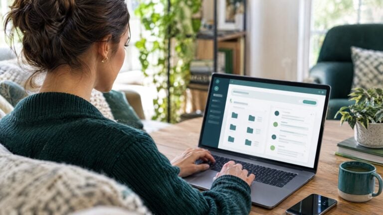 A client logging into a secure portal on a laptop at home, abstract dashboard with document folders and messages on screen