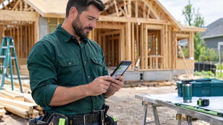 A general contractor in a deep green shirt checking new leads on his phone at a residential job site, framed house behind him
