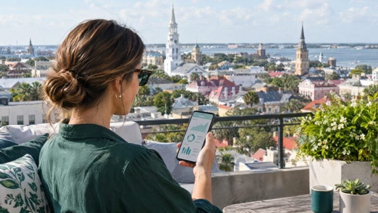 Aerial-feel view over a sunny historic Southern coastal city with church steeples and pastel rooftops, a person in the foreground holding a phone with