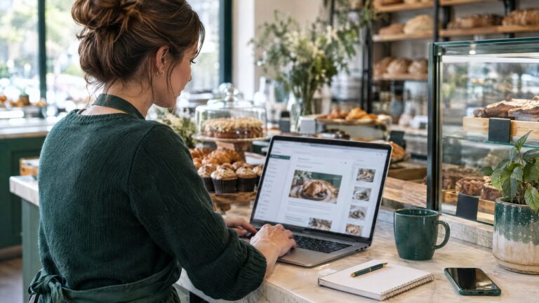 A small business owner at a bakery counter composing an email newsletter on a laptop, abstract email layout with photos on screen