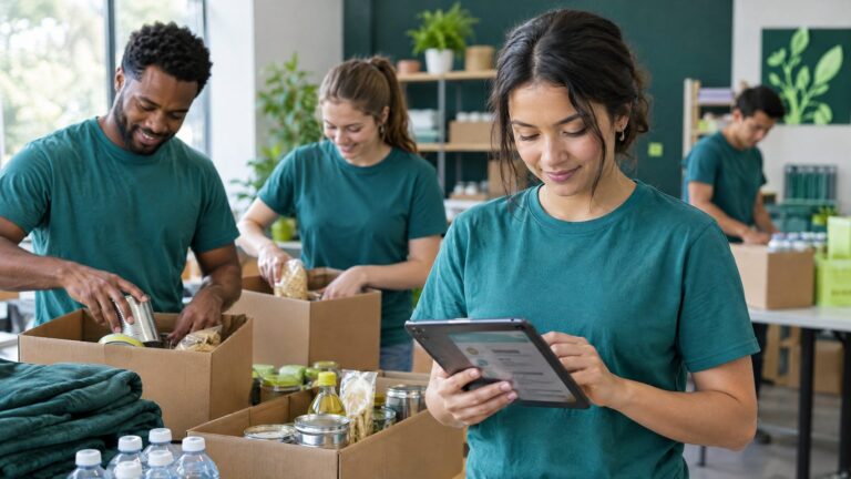 Volunteers in teal t-shirts packing donation boxes at a community nonprofit, one checking an event page on a tablet