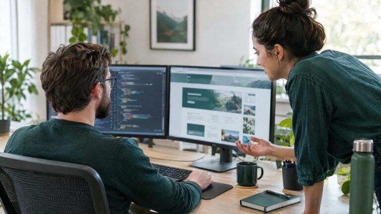 A web developer at a dual-monitor desk with abstract code and a website layout side by side, a designer leaning in to discuss