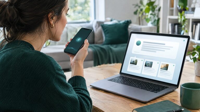 A person asking a voice AI assistant on a smartphone while a laptop shows an abstract AI answer panel with cited source cards