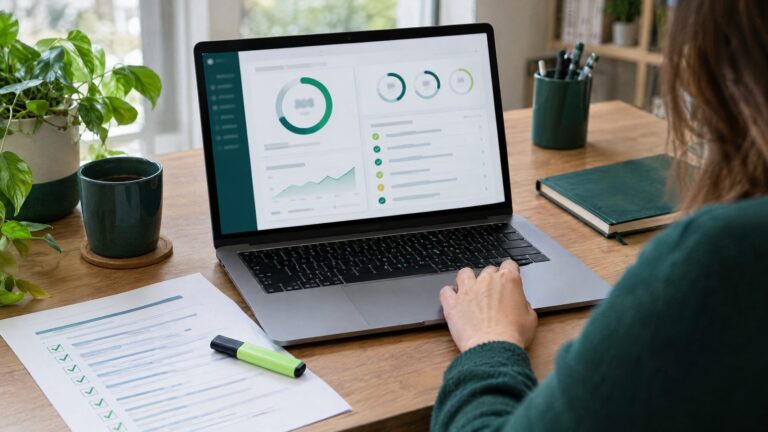 An SEO consultant's laptop showing an abstract website audit report with health score rings and checklist items, a printed checklist and a green highl