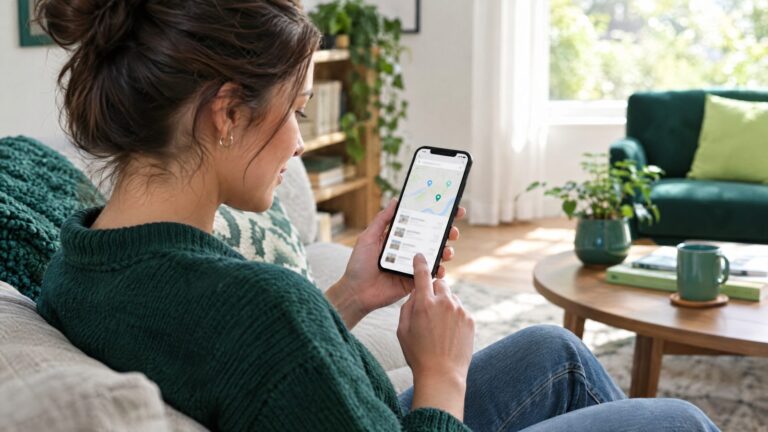 A patient (woman, 30s) searching for a dentist on her phone in a sunny living room, abstract local map results on screen