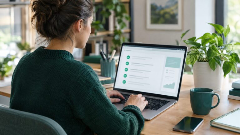 A web specialist in a deep green sweater running website updates on a laptop, abstract update checklist with green check marks on screen, server-free
