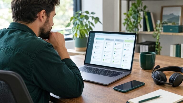 A service business owner reviewing a CRM pipeline board on a laptop with columns of abstract contact cards, phone and headset nearby