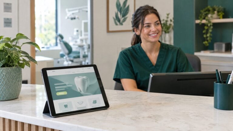 A modern dental office reception with a large wall-mounted screen and a tablet showing an abstract dental practice website with booking button