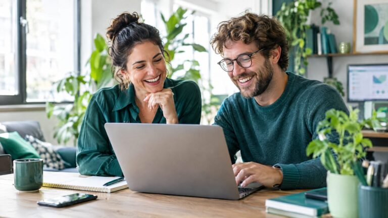 Two scenes side by side feel: a business owner and a web professional collaborating at one laptop, sharing the work, bright studio