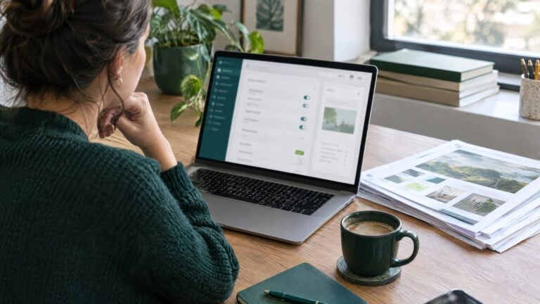 A WordPress site owner at a desk looking at an abstract plugin settings screen on a laptop, with a tidy stack of design template printouts