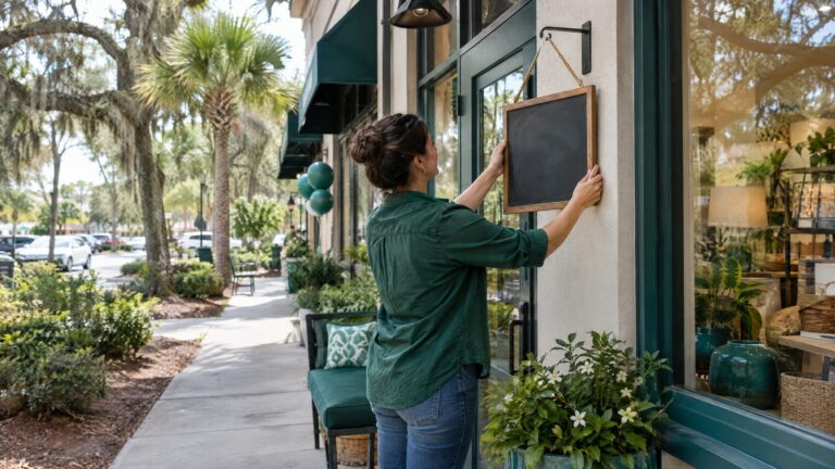 A new small business storefront in a suburban South Carolina shopping plaza on opening day, owner placing an open sign, palm and oak trees