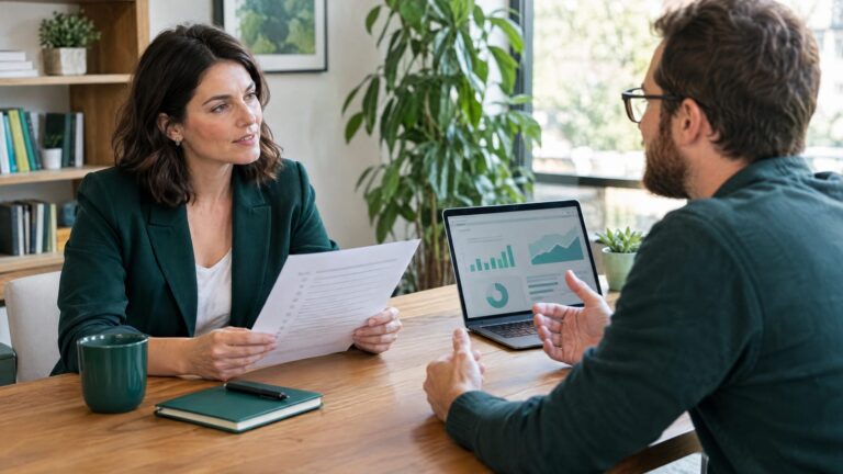 A business owner with a printed list of questions meeting an SEO consultant across a table, laptop showing abstract ranking charts