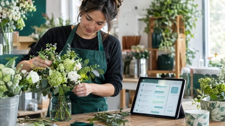 A florist in a deep green apron arranging flowers while a tablet beside her shows abstract automated appointment reminders