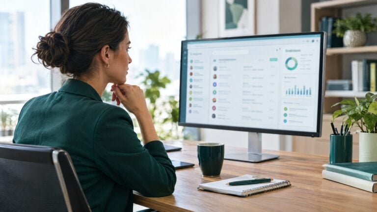 A sales manager reviewing an abstract CRM contact dashboard on a large monitor in a bright office, coffee and notebook