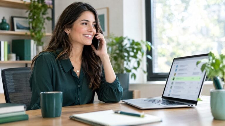 A business owner calling a new lead from her desk, laptop showing an abstract list of recent visitors with a highlighted row