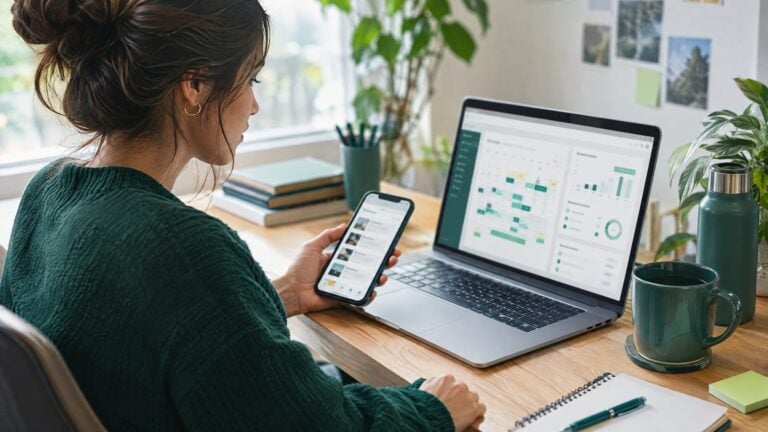 A social media manager at a desk with a phone and laptop showing abstract social media scheduling and business settings dashboards