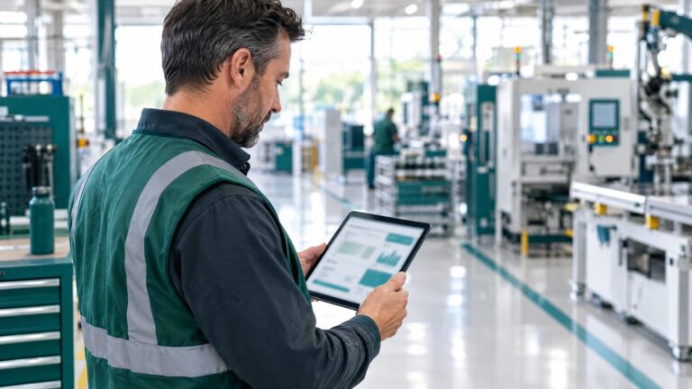A manufacturing plant manager in a deep green safety vest reviewing a capabilities website on a tablet on a clean factory floor