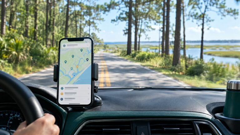 A road trip view of South Carolina: a winding road through tall pines toward a coastal marsh, with a phone on the dashboard showing an abstract local