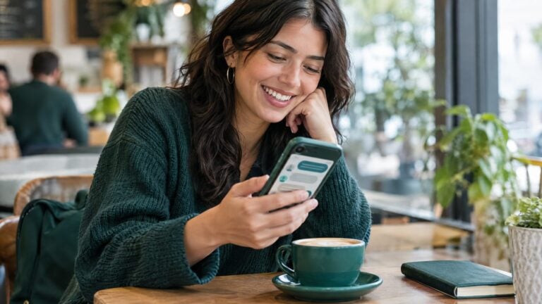 A customer smiling at a friendly appointment text on her phone, abstract chat bubbles in teal and white on screen, coffee shop background